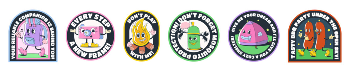 Sticker pack for traveling, hiking in groove style. Collection of retro comical stickers, labels, mascots