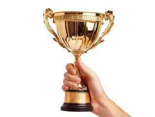 Hand holding a gold trophy cup, isolated on transparent cutout background