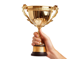 Hand holding a gold trophy cup, isolated on transparent cutout background