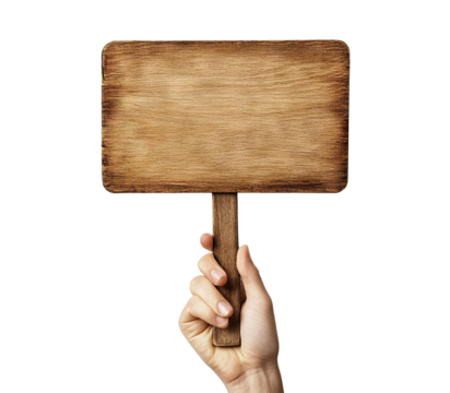 Hand holding a blank wooden sign with rustic texture, isolated on transparent cutout background