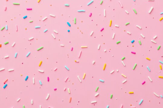 Colorful sprinkles scattered on pink background. (4)