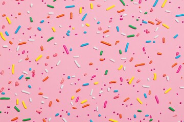 Colorful sprinkles scattered on pink background. (6)