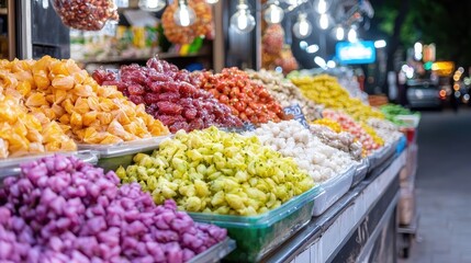 Obraz premium Night market food stall, colorful pickled fruits, street scene, Asian cuisine