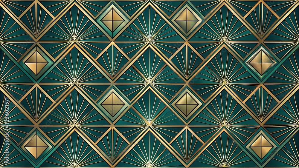 Poster geometric art deco pattern with sunburst motifs and teal and gold color scheme