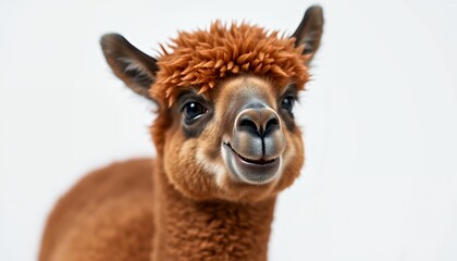 Obraz premium Adorable Brown Alpaca Portrait Against White Background