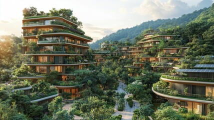 Sustainable hillside residential complex with lush greenery