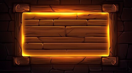 Illuminated wooden sign on stone wall