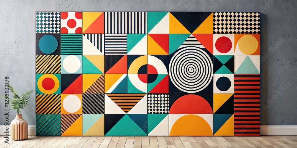 Aufkleber A vibrant and playful geometric wall art installation featuring a patchwork of colorful squares, circles, and triangles, creating a visually captivating and dynamic design.