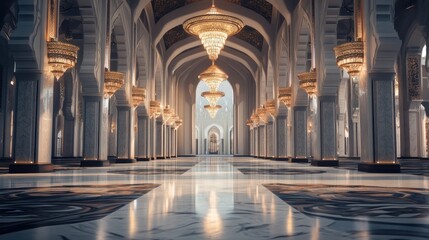 Obraz premium Grand Mosque Hallway, opulent chandeliers, marble floor, prayer hall background, travel brochure