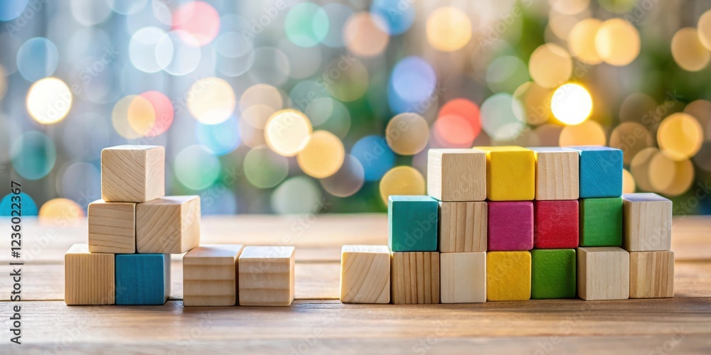 Poster Colorful Wooden Blocks Stacked on a Table Against a Background of Defocused Lights