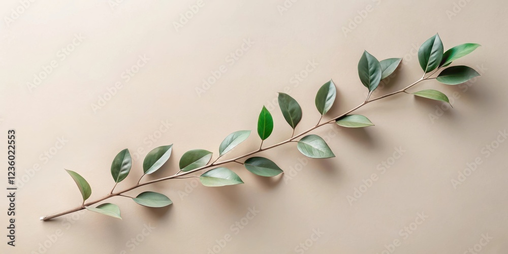 Poster a single, delicate branch with vibrant green leaves gracefully extends across a neutral background, 