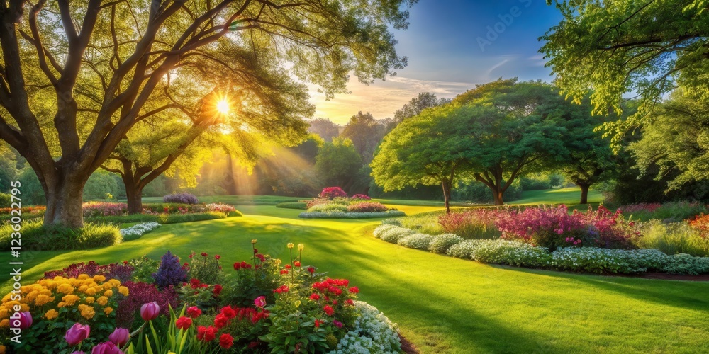 Poster a vibrant garden bathed in golden sunlight, with blooming flowers creating a tapestry of color again