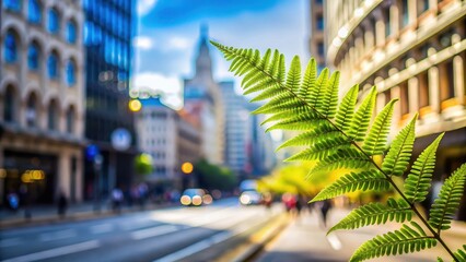 Naklejka premium A fern fronds swaying in a gentle breeze amidst a noisy urban environment