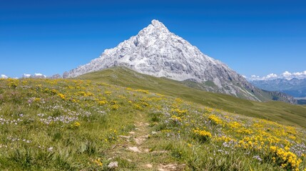 Fototapeta premium Mountain wildflowers trail scenic view, summer hike