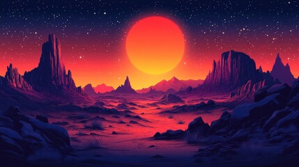 Stunning Desert Landscape at Dusk with Vibrant Sunset Over Rocky Terrain and Starry Sky, Vector Illustration