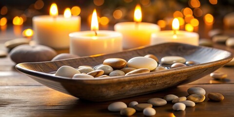 Obraz premium A wooden bowl filled with smooth stones and water, surrounded by candles and bathed in warm, golden light.