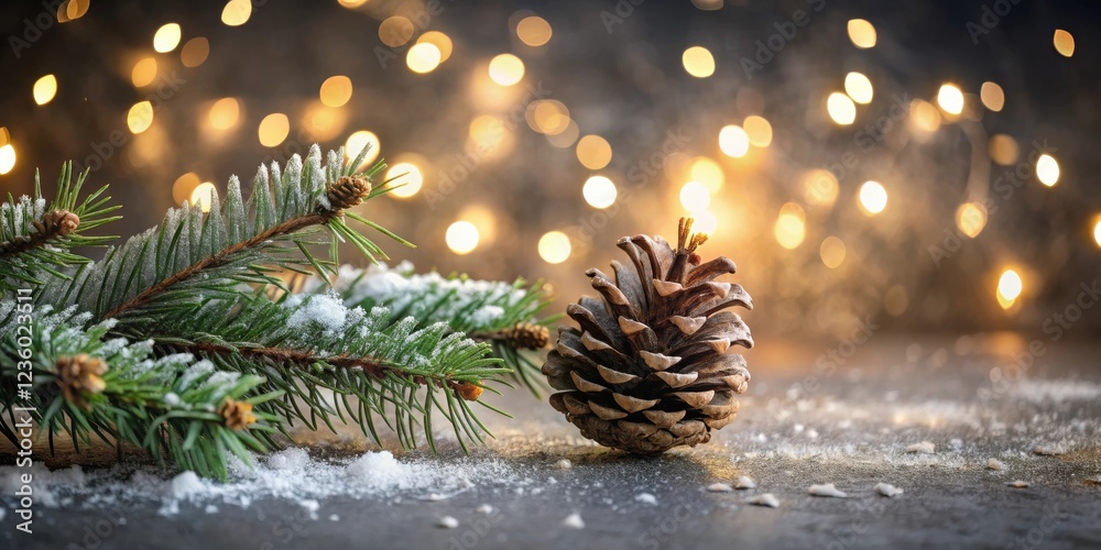Poster A snow-dusted evergreen branch and pine cone resting in a snowy scene with a soft glow of golden lights in the background.