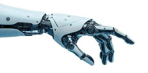 Futuristic robotic hand with mechanical fingers, isolated on transparent cutout background