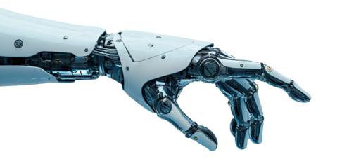 Futuristic robotic hand with mechanical fingers, isolated on transparent cutout background