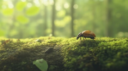 Obraz premium Orange Beetle Crawling on Green Mossy Log in Sunlit Forest