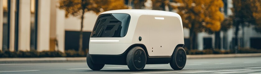 A modern autonomous delivery vehicle on an urban street.