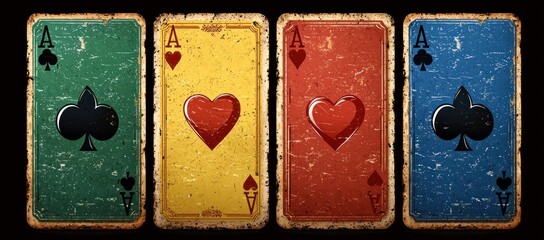 Four vintage playing cards, ace of spades, hearts, diamonds, clubs, grunge style.