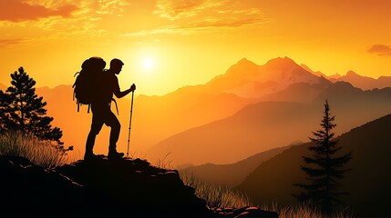 Fototapeta premium Silhouette hiker on mountain at sunrise. Hiking adventure