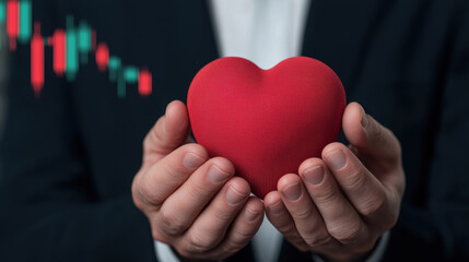 A person in a suit holds a red heart, symbolizing care or love, with stock market data displayed in the background, suggesting a connection between emotions and finance