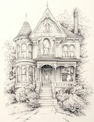Fototapeta premium Victorian house illustration with intricate details, surrounded by trees and shrubs, showcasing architectural beauty and charm