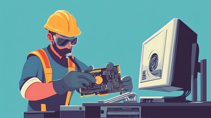 Technician repairing computer graphic card