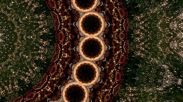 V&iacute;deo 4k de mandala con patr&oacute;n de repetici&oacute;n de varios movimientos cambiantes en tonos marrones,ocre,rojo, amarillo