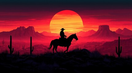 Silhouette of a Cowboy on Horseback Against a Vibrant Sunset in a Desert Landscape with Cacti and Mountains in the Background