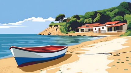 Peaceful beach scene with small fishing boat