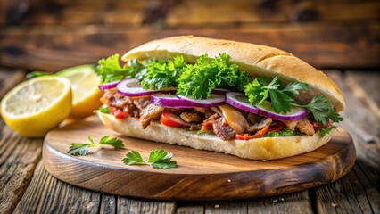 Close up of juicy kebab sandwich on a wooden cutting board, with fresh parsley and lemon slices nearby