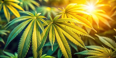 Cannabis leaves illuminated by warm sunlight, showcasing the intricate detail and natural beauty of this botanical wonder.