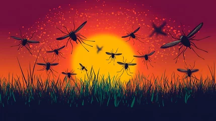 Mosquitoes flying at sunset over grass. Illustration