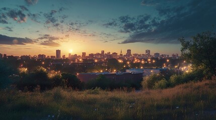 Cityscape sunset urban skyline at dusk, viewed from hilltop, residential area in foreground; ideal for travel, real estate, or city guide