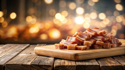 A Pile of Diced Bacon on a Rustic Wooden Cutting Board with a Festive Background of Warm Golden Bokeh Lights