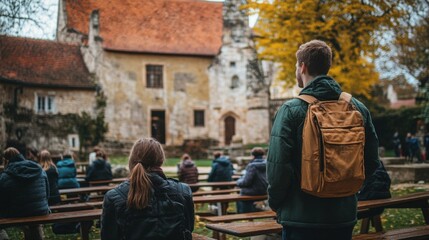 Obraz premium Young Tourists Exploring Ancient Stone Building