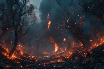 Raging Forest Fire Consuming Trees and Vegetation, selective focus