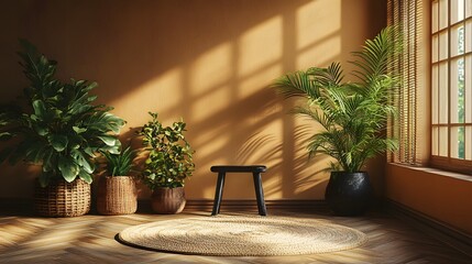Angled composition of simple botanic living room with a wooden stand holding plants in flowerpots a black stool near the brown wall and personal accessories enhancing the warmth of the space