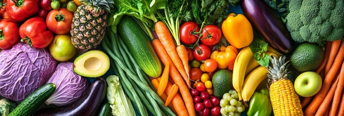 Colorful array of fresh fruits and vegetables.
