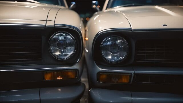 Classic cars showcase their timeless beauty in a rare evening gathering under city lights