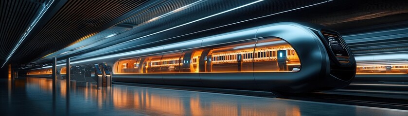 Futuristic train interior showcasing sleek design and lighting.
