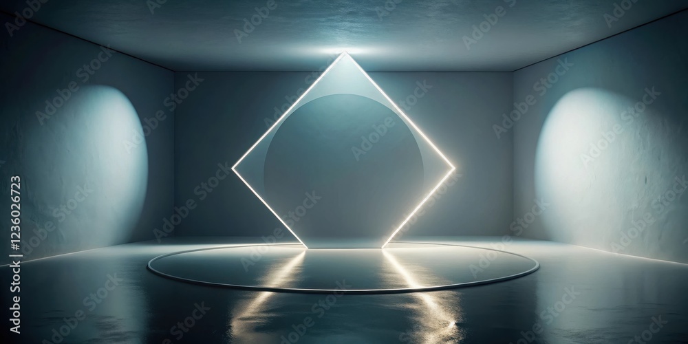 Aufkleber A minimalist room with an illuminated circular platform and a neon diamond shape overhead, creating a dramatic backdrop.
