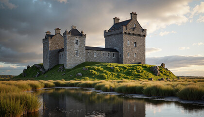 Detailed Irish castle with textured stone walls and tall towers on grassy hill with reflective lake in foreground