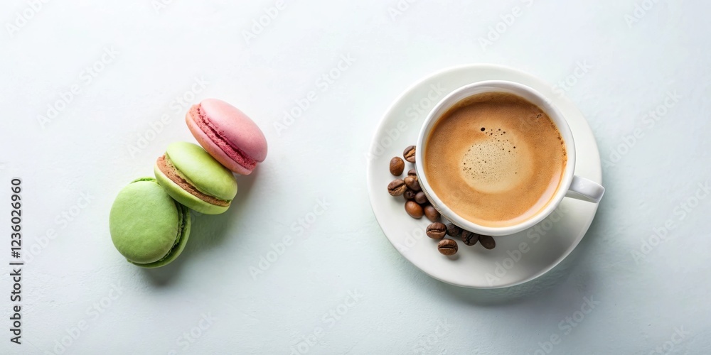 Poster a cup of coffee with foam and coffee beans on a saucer next to three macarons on a light blue surfac