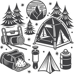 Tourist recreation location and vacation type items with campfire, roadtrip and family tour mini scene vector illustration
