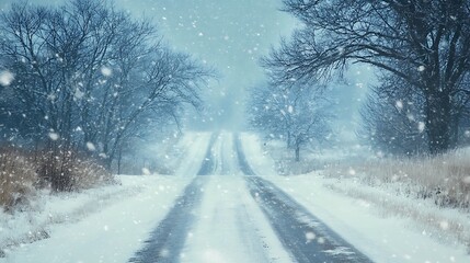 Obraz premium Snowy winter road through trees. Peaceful rural scene. Possible use Stock photo for winter themes