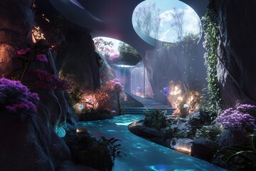 Naklejka premium Explore the immersive beauty of a futuristic virtual reality park filled with nature